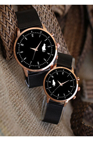 Çift Saatleri Sevgili Saati Kedili Çift Kol Saatleri Siyah Rose Sevgili Saatleri