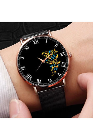 Kelebek Desenli Kadın Doğum Günü Hediyesi Romen Rakam Saati