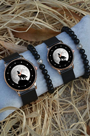 Siyah Rose Gold Hasır Çift Bozkurt Sonsuzluk Saat Ve Bileklik Hediyeli Çift Sevgili Saatleri
