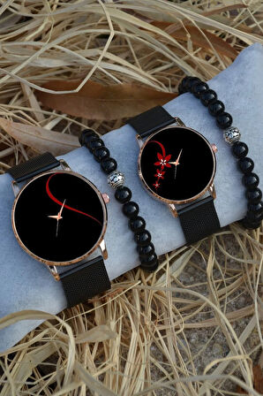Siyah Rose Gold Hasır Kırmızı Kalp Saat Ve Bileklik Hediyeli Çift Sevgili Saatleri