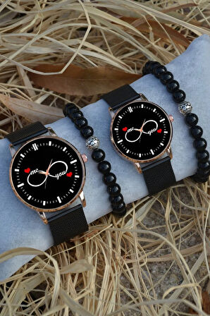 Siyah Rose Gold Hasır Çift Me You Saat Ve Bileklik Çift Sevgili Saatleri