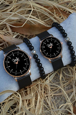 Siyah Rose Gold Hasır Çift Aşk Saat Ve Bileklik Hediyeli Çift Sevgili Saatleri