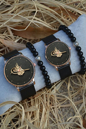 Siyah Rose Gold Hasır Çift Osmanlı Tuğra Saat Ve Bileklik Çift Sevgili Saatleri