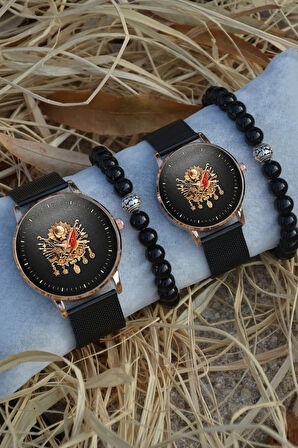 Siyah Rose Gold Hasır Çift Tuğra Saat Ve Bileklik Hediyeli Çift Sevgili Saatleri