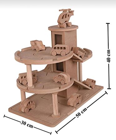 Ahşap Oyuncak Otopark + 6 Adet Oyuncak Araba + 1 Adet Helikopter