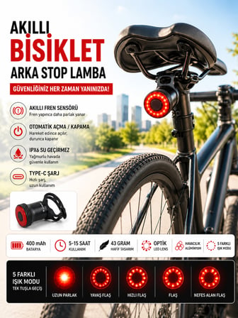Kenly Akıllı Bisiklet Arka Stop Lambası Fren Sensörlü Otomatik LED Kuyruk Işığı Type-C Şarjlı IPX6 Su Geçirmez
