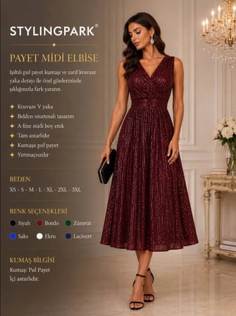 Pul Payet Kolsuz Midi Boy Davet Nişan Düğün Abiye Elbise