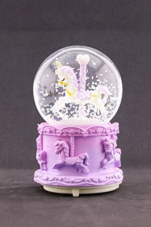 Sevgiliye Eşe Sürpriz Hediye Mor Unicorn Tasarımlı Kar Küresi Işıklı Müzikli 12 cm