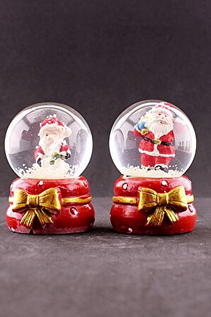 Dekoratif 2 Adet Yeni Yıl Noel Baba Temalı Kurdele Detaylı Mini Boy Işıklı Kar Küresi 6,5 cm