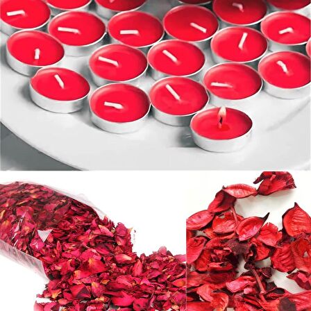 Sevgiliye Eşe Özel Günlere Hediye 2000 Adet Kuru Gül Yaprağı + 50 Adet Kırmızı Tealight Mum Romantik Süsleme