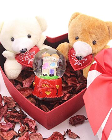 Mini Ayıcıklar ve Sevgililer Kar Küresi Sevgiliye Eşe Sürpriz Hediye Seti