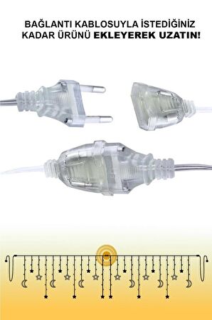 Dekoratif Ledli Işıklı Ay Yıldız Perde Led 8 Fonksiyonlu 3,5 m Yılbaşı Led Işık Sarkıt 6 Yıldız 6 Ay