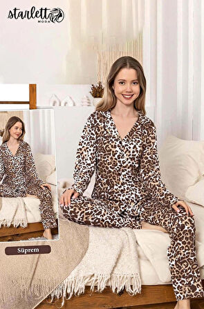 Leopar Desenli Düğmeli Suprem Pijama Takımı