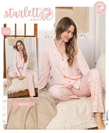 Pembe Yıldız Desenli Düğmeli Suprem Pijama Takımı