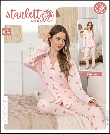 Pembe Kalp Desenli Düğmeli Suprem Pijama Takımı