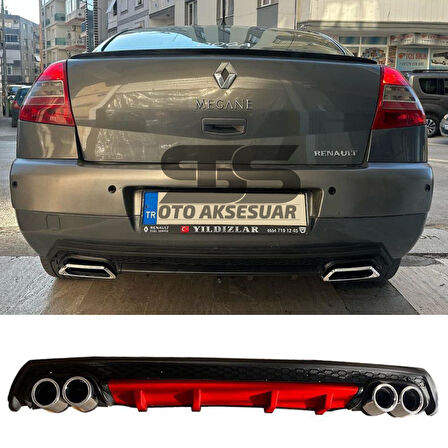 Renault Megane 2 Sedan Difüzör Arka Tampon Eki 4 Egzoz Çıkışlı Kırmızı Lüx Tip