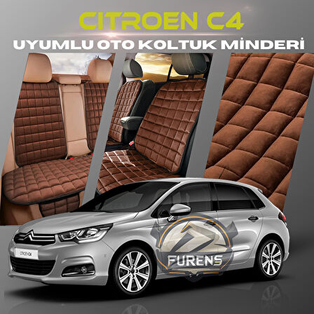 Citroen C4 Kahverengi Renk Tay Tüyü Cepli & Terletmez Sırtlı Oto Koltuk Minder Seti - Koltuk Koruma Kılıfı (ÖN & ARKA TAM SET)