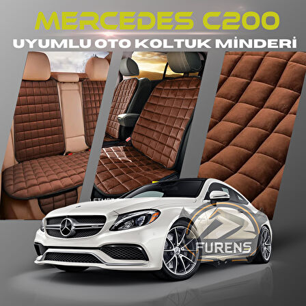 Mercedes C200 Kahverengi Renk Tay Tüyü Cepli & Terletmez Sırtlı Oto Koltuk Minder Seti - Koltuk Koruma Kılıfı (ÖN & ARKA TAM SET)