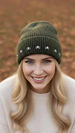 Şık Taş Süslemeli Haki Bere