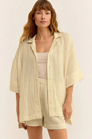 Kadın Müslin Plaj Takımı - Yazlık Oversize Gömlek ve Şort İkili Set | Rahat ve Şık Plaj & Günlük Kombin