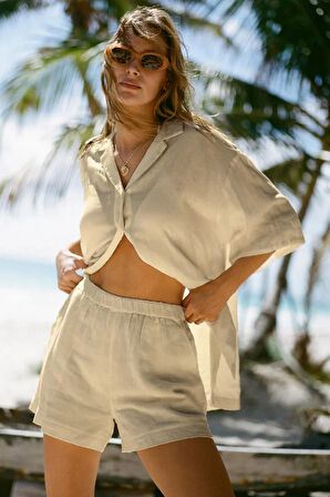 Kadın Müslin Plaj Takımı - Yazlık Oversize Gömlek ve Şort İkili Set | Rahat ve Şık Plaj & Günlük Kombin