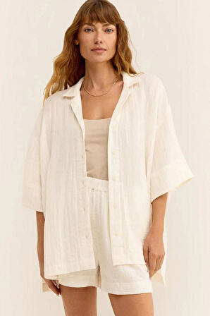 Kadın Müslin Plaj Takımı - Yazlık Oversize Gömlek ve Şort İkili Set | Rahat ve Şık Plaj & Günlük Kombin