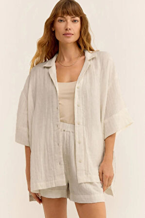 Kadın Müslin Plaj Takımı - Yazlık Oversize Gömlek ve Şort İkili Set | Rahat ve Şık Plaj & Günlük Kombin