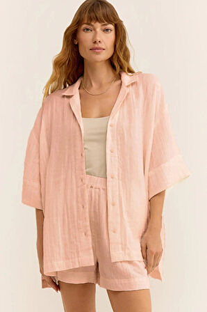 Kadın Müslin Plaj Takımı - Yazlık Oversize Gömlek ve Şort İkili Set | Rahat ve Şık Plaj & Günlük Kombin