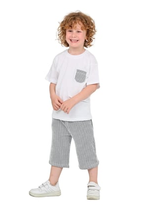 Erkek Çocuk Basic T-shirt Şort Çizgili Kaprili Yazlık 2'li Takım — Siyah