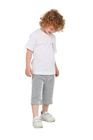 Erkek Çocuk Basic T-shirt Şort Çizgili Kaprili Yazlık 2'li Takım — Siyah