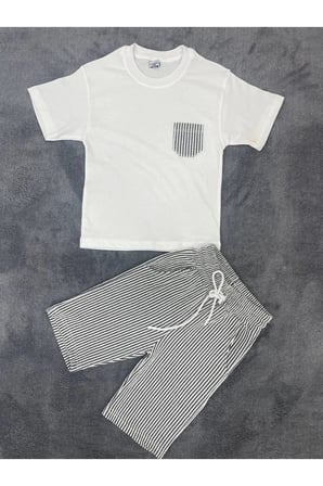 Erkek Çocuk Basic T-shirt Şort Çizgili Kaprili Yazlık 2'li Takım — Siyah