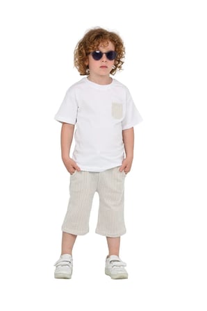 Erkek Çocuk Basic T-shirt Şort Çizgili Kaprili Yazlık 2'li Takım — Bej