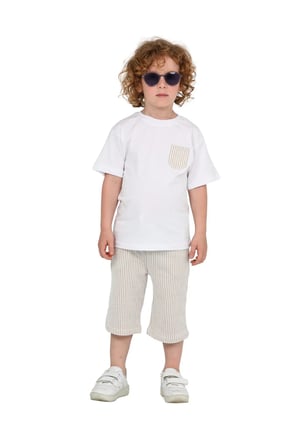 Erkek Çocuk Basic T-shirt Şort Çizgili Kaprili Yazlık 2'li Takım — Bej