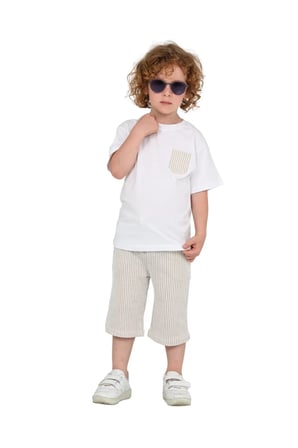 Erkek Çocuk Basic T-shirt Şort Çizgili Kaprili Yazlık 2'li Takım — Bej