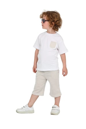 Erkek Çocuk Basic T-shirt Şort Çizgili Kaprili Yazlık 2'li Takım — Bej