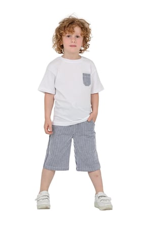 Erkek Çocuk Basic T-shirt Şort Çizgili Kaprili Yazlık 2'li Takım — Lacivert