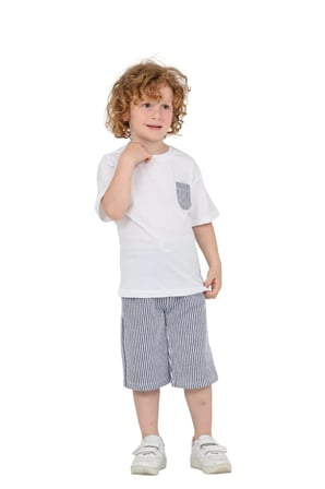 Erkek Çocuk Basic T-shirt Şort Çizgili Kaprili Yazlık 2'li Takım — Lacivert