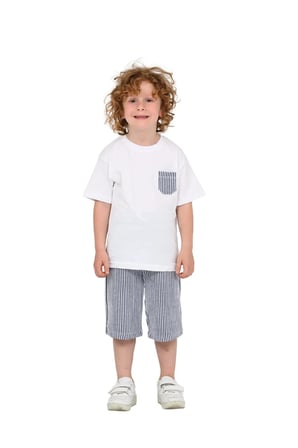Erkek Çocuk Basic T-shirt Şort Çizgili Kaprili Yazlık 2'li Takım — Lacivert