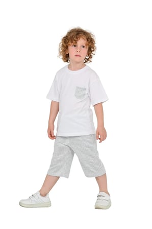 Erkek Çocuk Basic T-shirt Şort Çizgili Kaprili Yazlık 2'li Takım — Gri