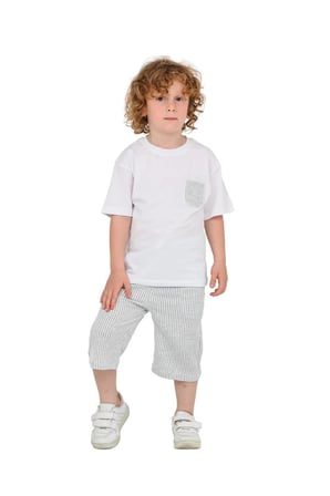 Erkek Çocuk Basic T-shirt Şort Çizgili Kaprili Yazlık 2'li Takım — Gri