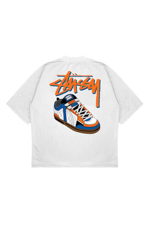 Unisex Oversize STUSSY AYAKKABI Baskılı Boxy Fit Kalın Kumaşlı (240gsm) T-shirt