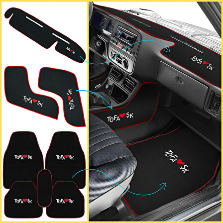 Tofaş Şahin Doğan Kartal Siyah Vites Orta Konsol Yan Kaplama Halısı & Oto Halı Paspas Seti – Nakışlı