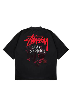 Unisex Oversize STUSSY STAY STRONG Baskılı Boxy Fit Kalın Kumaşlı (240gsm) T-shirt