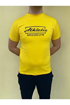 Erkek Sarı Slim Fit Kabartma Baskılı Pamuklu T-Shirt