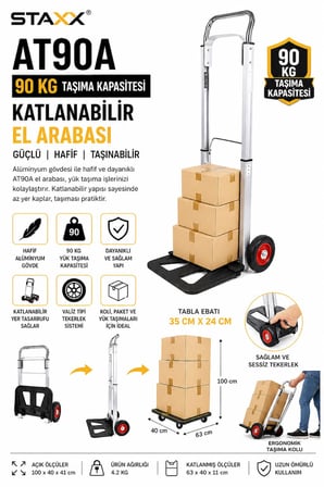 AT90A 90 Kg Katlanabilir El Arabası Alüminyum Koli Paket Yük Taşıma Arabası Teleskopik Valiz Tipi
