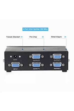 YENİLZD VGA Splitter 4 Port Çoğaltıcı 1x4 Port 250 mhz 