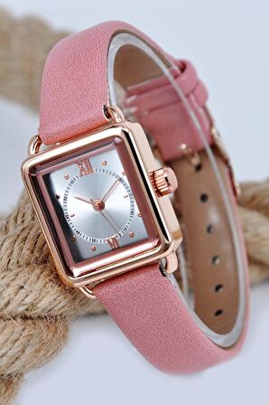 Bakır Renk Minimal Kare Kasa Pembe Deri Kordonlu Vintage Retro Kol Saati Su-577