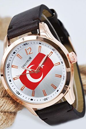 Kahverengi Deri Kordonlu Türk Bayrağı Detay Yetişkin Erkek Kol Saati SU-612