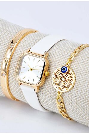 Hayat Ağacı ve Taşlı Bileklikli Beyaz Deri Kordon Hediyelik Kadın Kol Saati SU-914