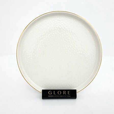 Glore Krem Altın Yaldızlı Seramik Pasta Tabağı